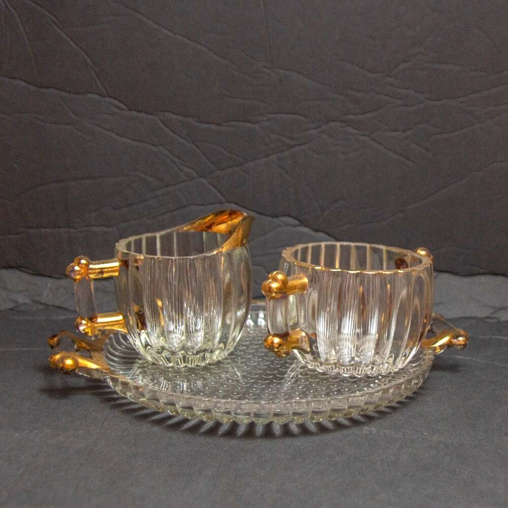 Antique Mid-Century 40's JEANNETTE Glass Creamer Sugar Tray Set National Pattern